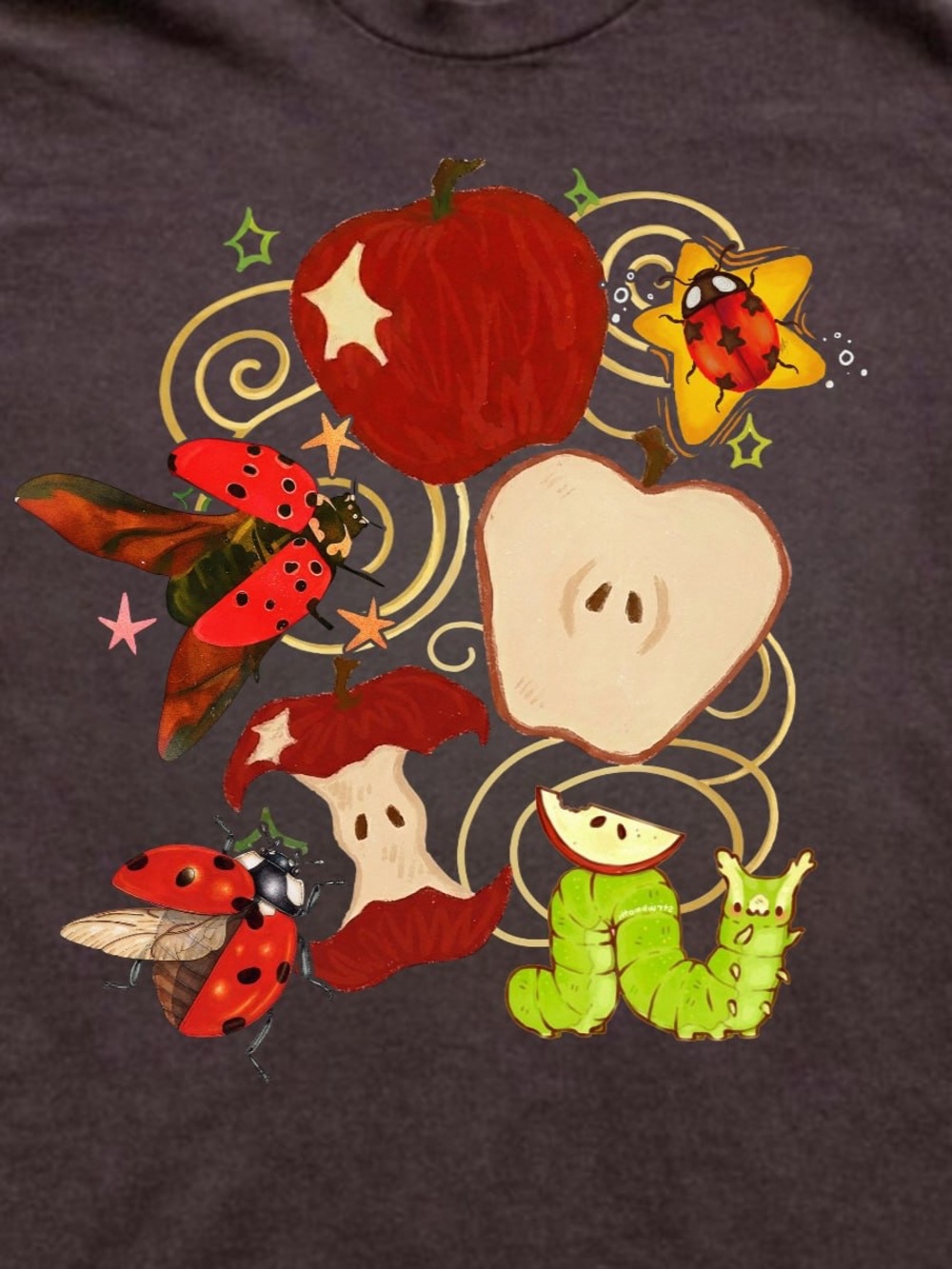Gildan Black Tee with Red Apples, Ladybugs & Green Caterpillar - Picture 2 of 2